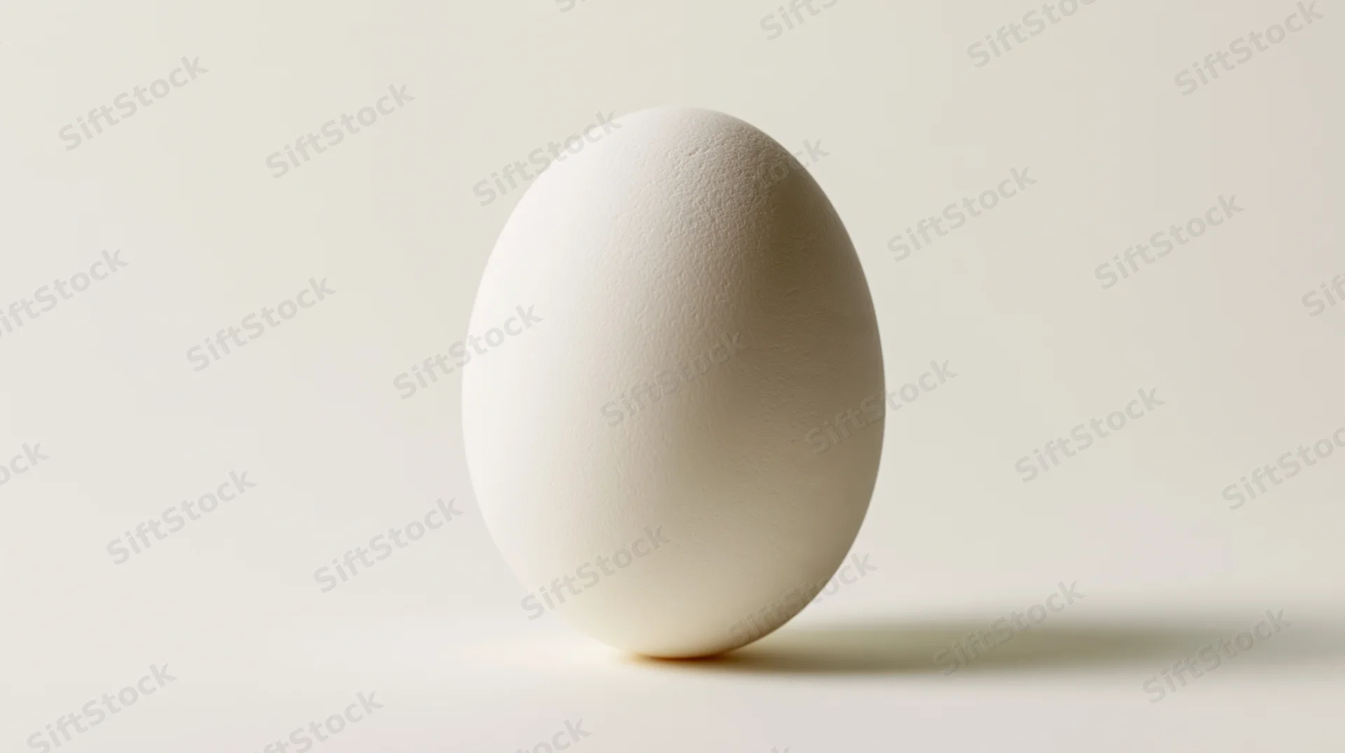Single white egg standing upright on a pale off-white surface
