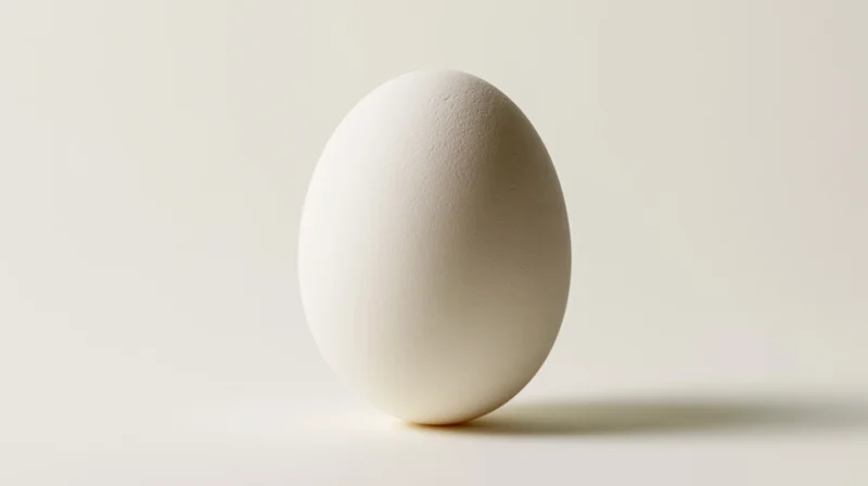 Single white egg standing upright on a pale off-white surface
