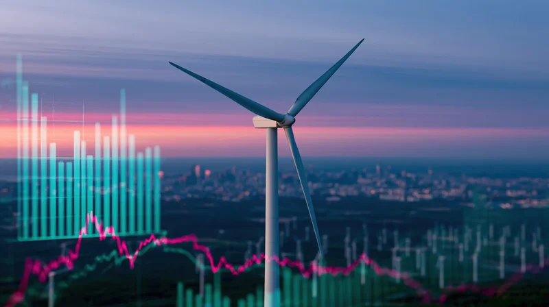 Wind turbine standing against a dusk sky with digital energy data graphs overlaid over a cityscape