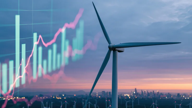 Wind turbine standing against a dusk sky with city lights and overlaid financial graph showing growth