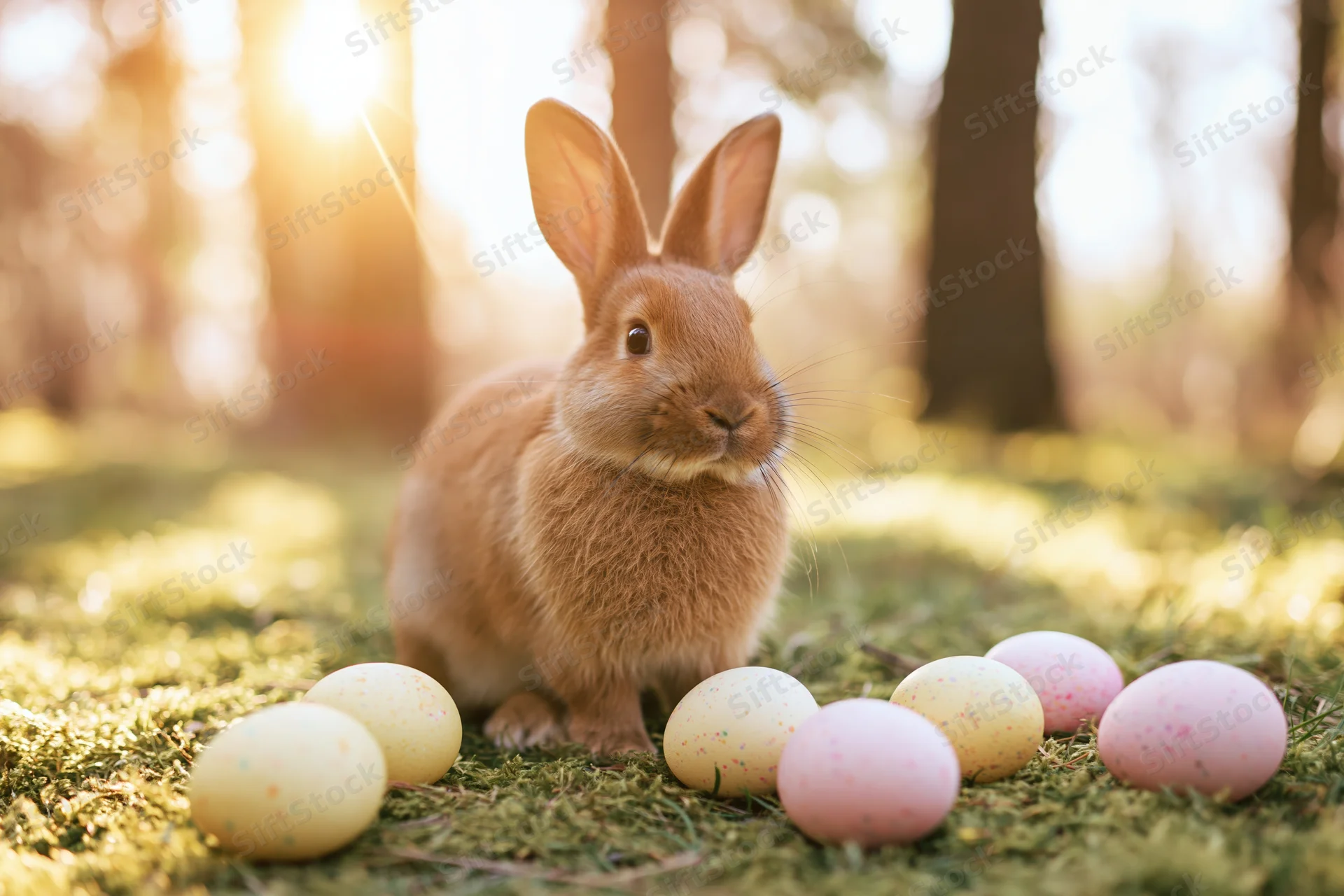 Brown rabbit sitting alert on mossy grass surrounded by pastel Easter eggs in a sunlit forest