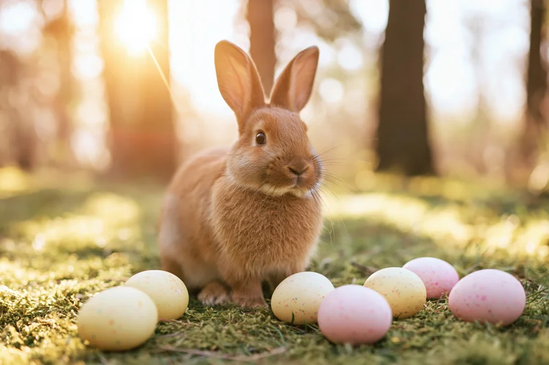Brown rabbit sitting alert on mossy grass surrounded by pastel Easter eggs in a sunlit forest