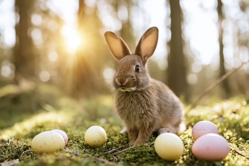 Small brown rabbit sitting alert on mossy grass surrounded by decorated easter eggs in a sunlit forest