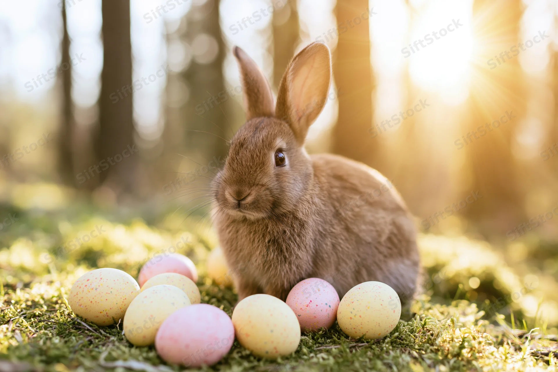 Small brown rabbit sitting alert on mossy grass surrounded by pastel decorated eggs in a sunlit forest