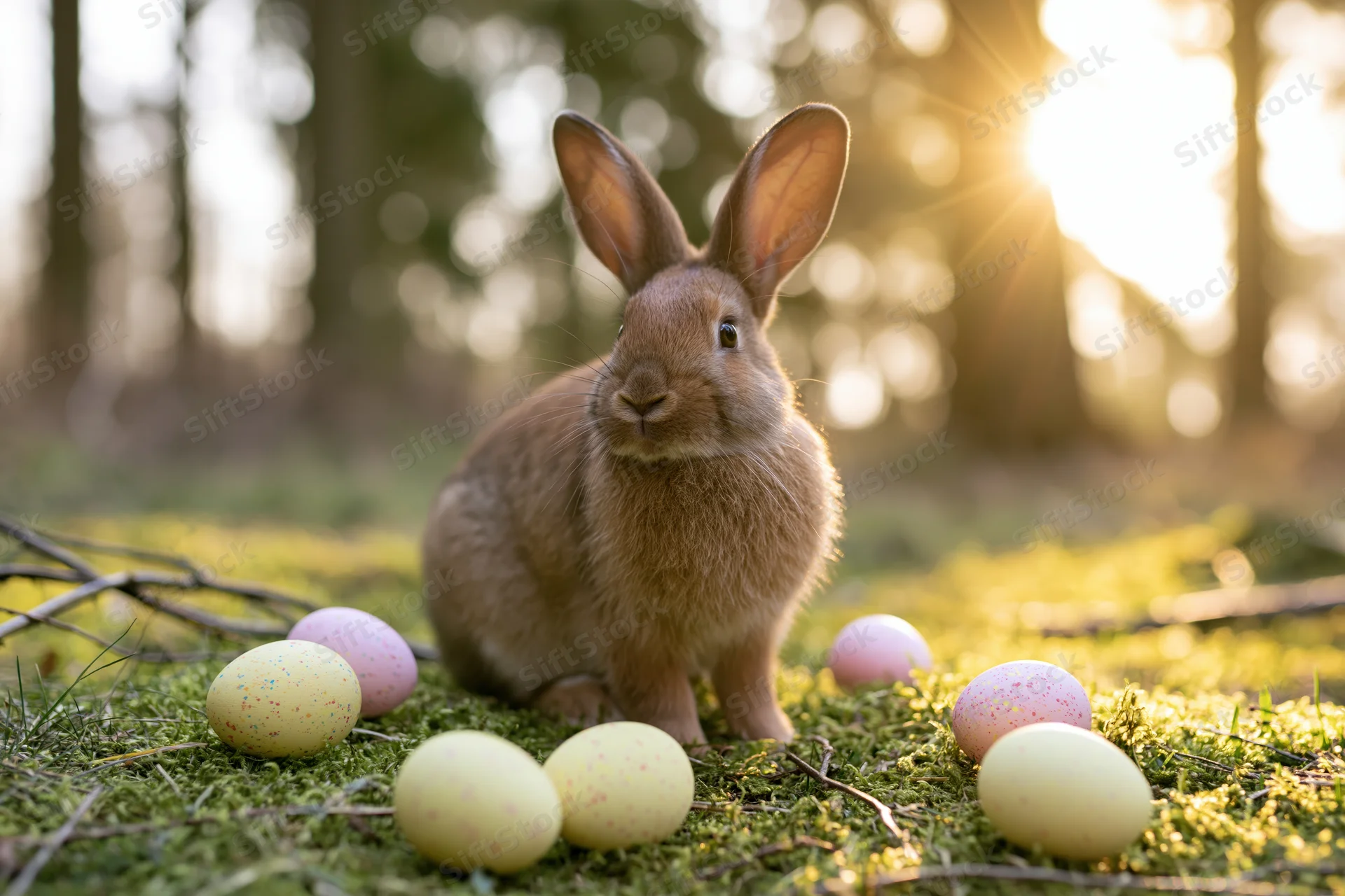 Brown rabbit sitting alert on mossy grass surrounded by pastel Easter eggs in a sunlit forest