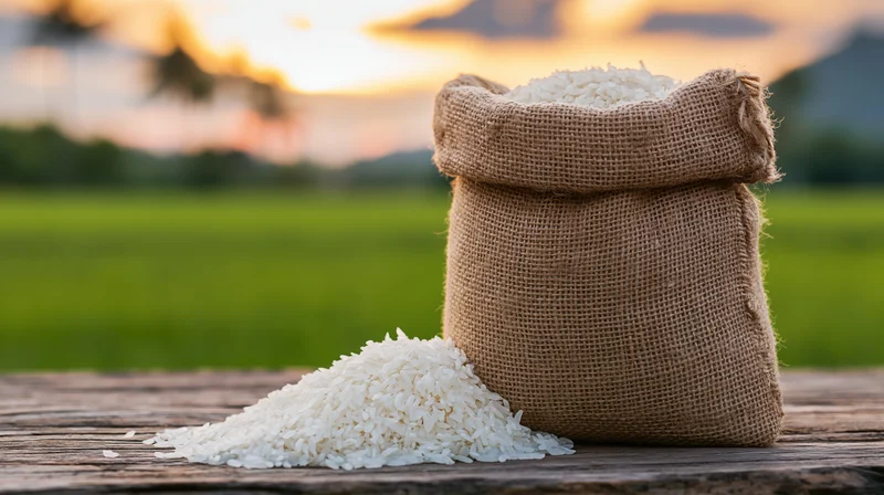 Burlap sack filled with white rice grains spilling onto wooden table in front of green field at sunset