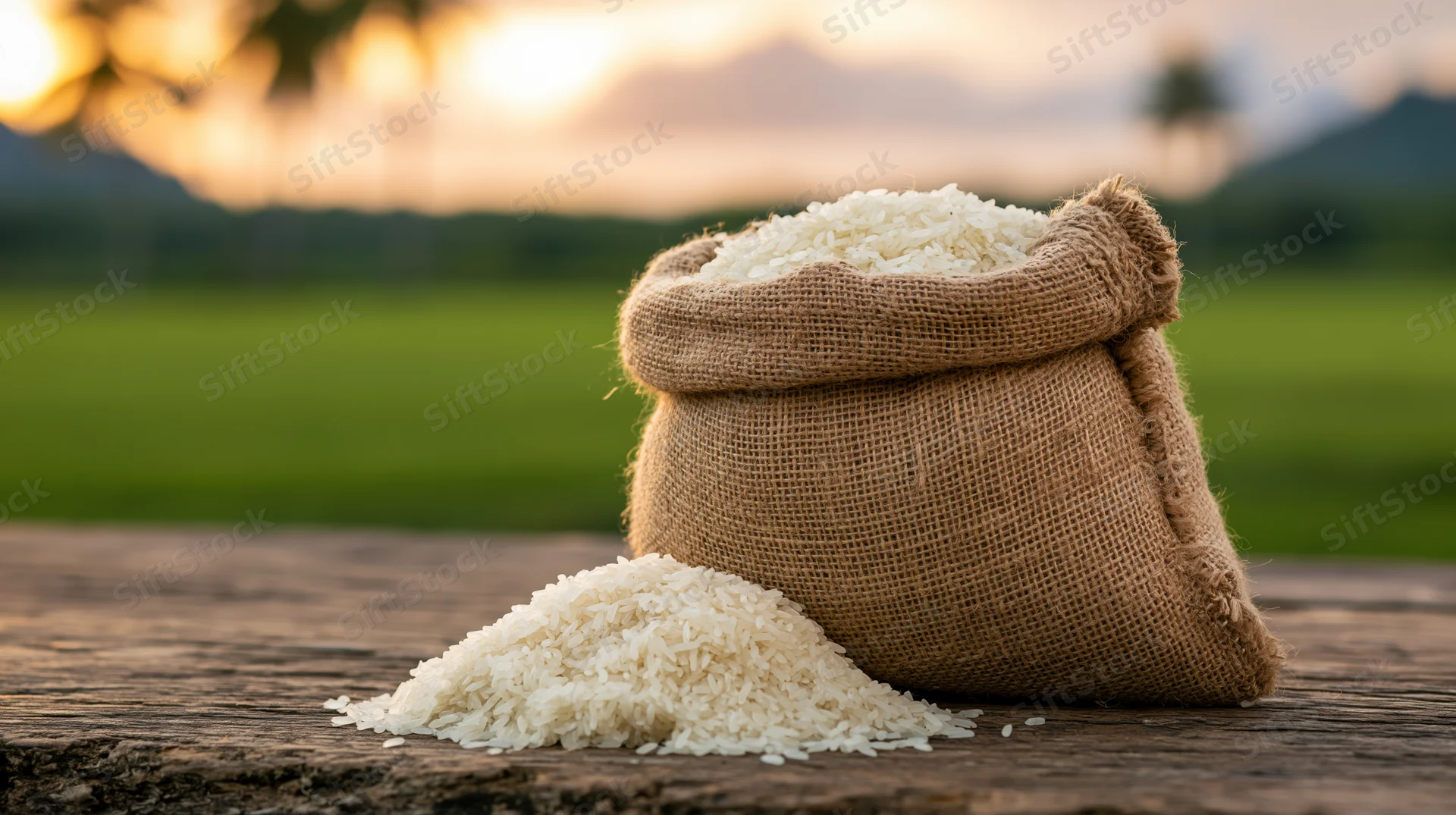 Burlap sack filled with white rice grains spilling onto wooden table in front of green field at sunset