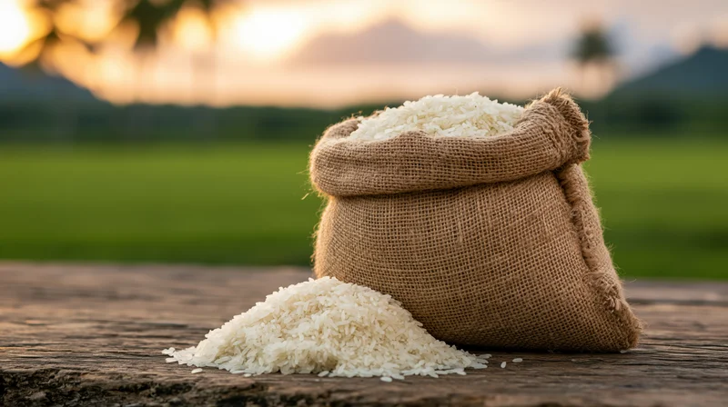 Burlap sack filled with white rice grains spilling onto wooden table in front of green field at sunset