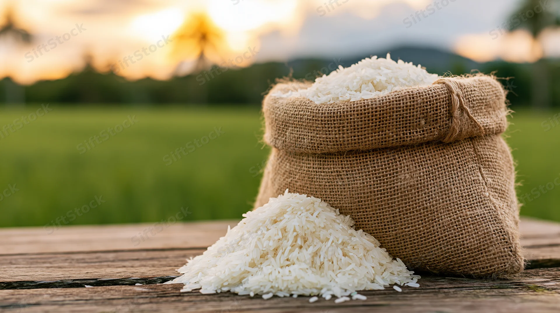 White rice spilling from a burlap sack on a wooden table in front of a green field at sunset