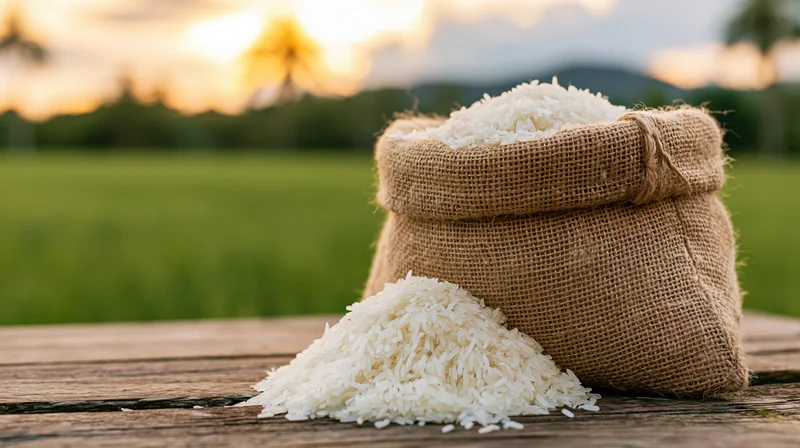 White rice spilling from a burlap sack on a wooden table in front of a green field at sunset