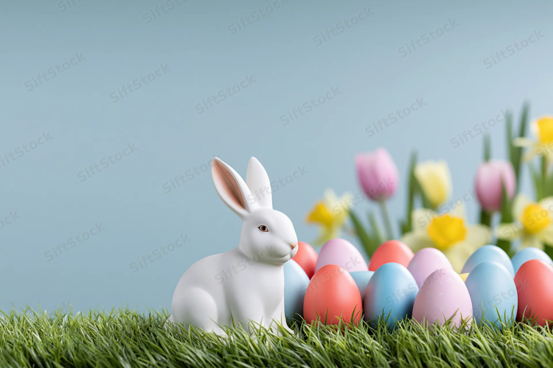 White ceramic easter bunny figurine sitting among pastel eggs and spring flowers on green grass