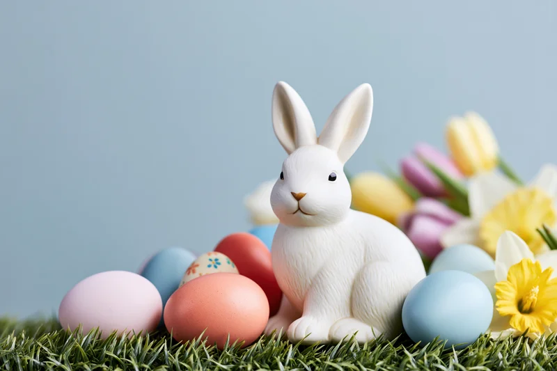 White ceramic bunny figurine sitting among colorful Easter eggs and spring flowers on grass