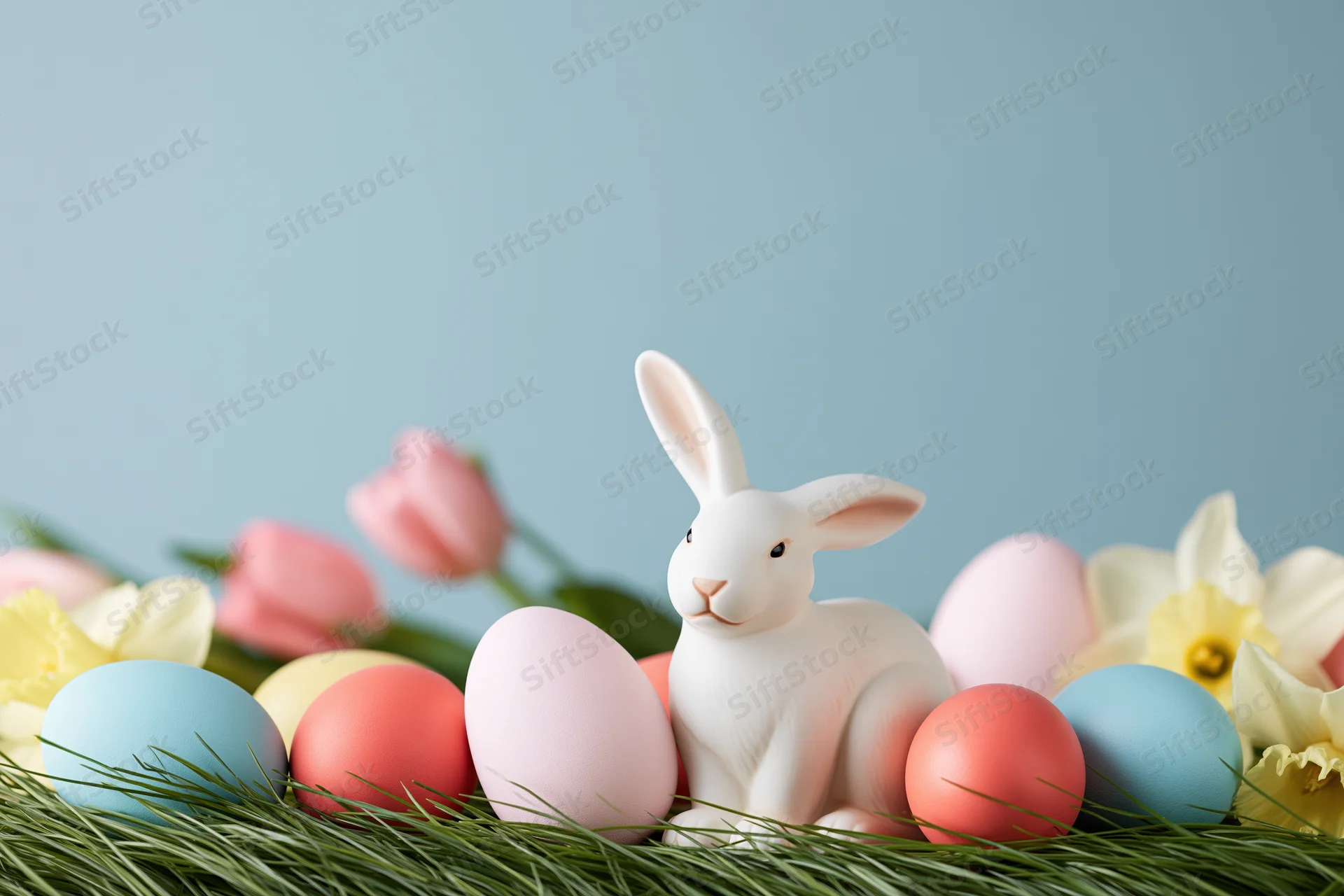 White ceramic bunny figurine surrounded by pastel eggs and spring flowers on grass against light blue background