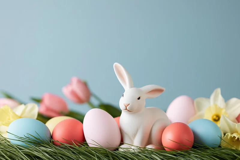 White ceramic bunny figurine surrounded by pastel eggs and spring flowers on grass against light blue background