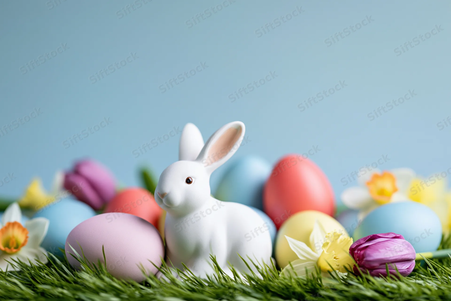White ceramic easter bunny figurine among colorful eggs and spring flowers on grass against blue background
