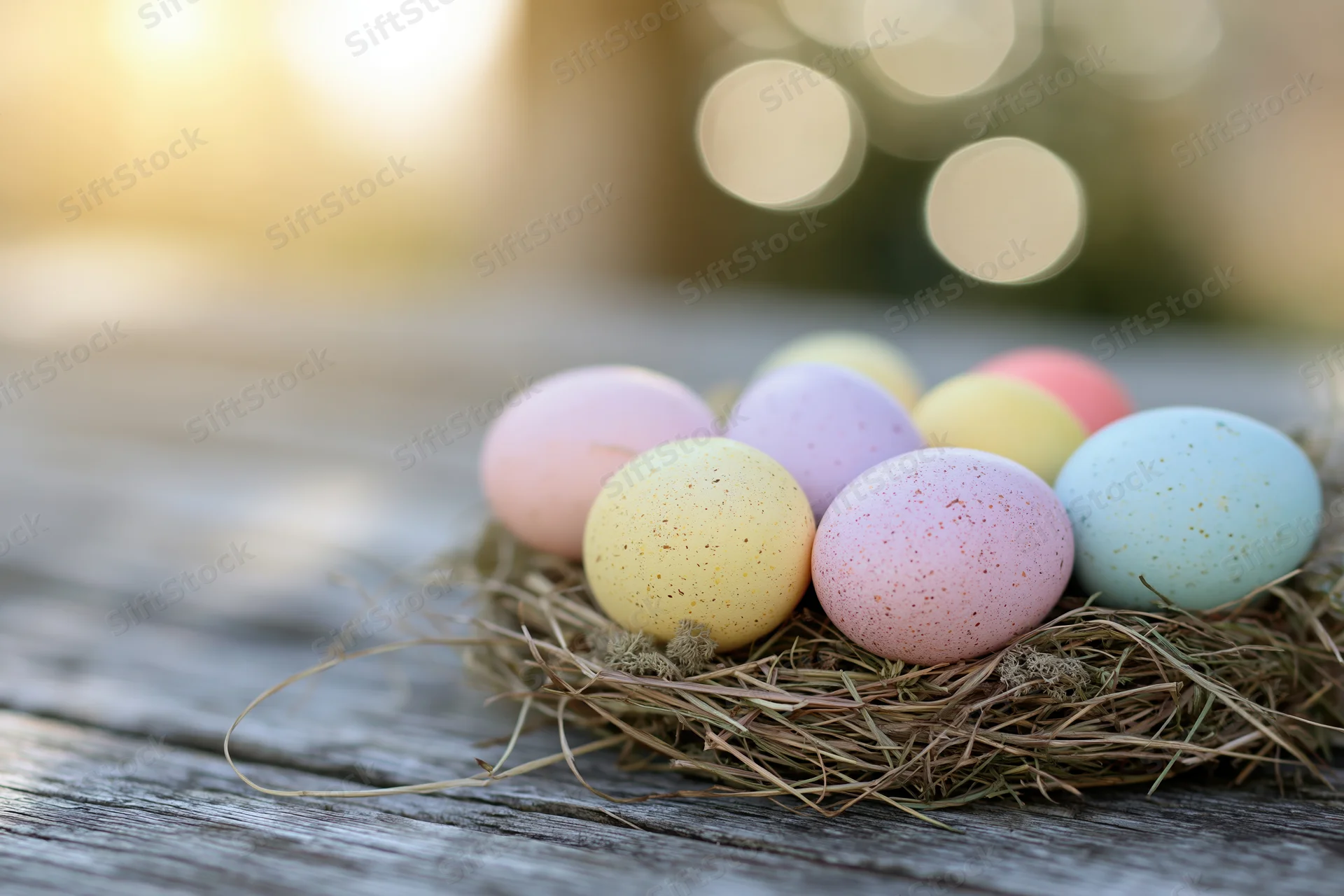 Pastel-painted Easter eggs in a straw nest on a weathered wooden table