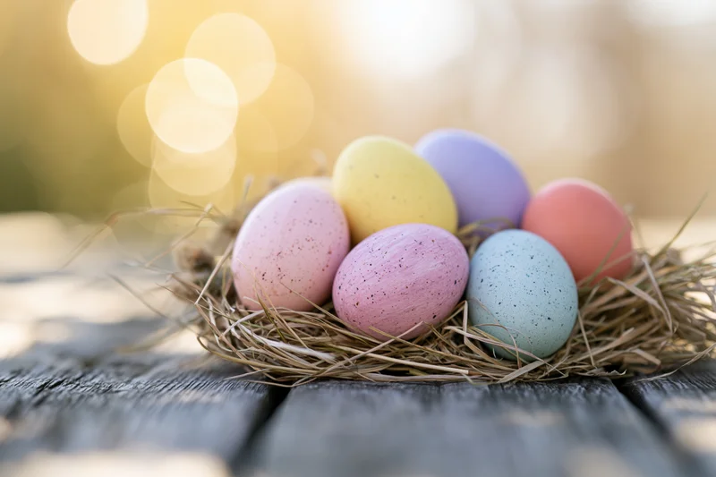 Pastel-painted easter eggs in a straw nest on a wooden table with bokeh sunlight in the background