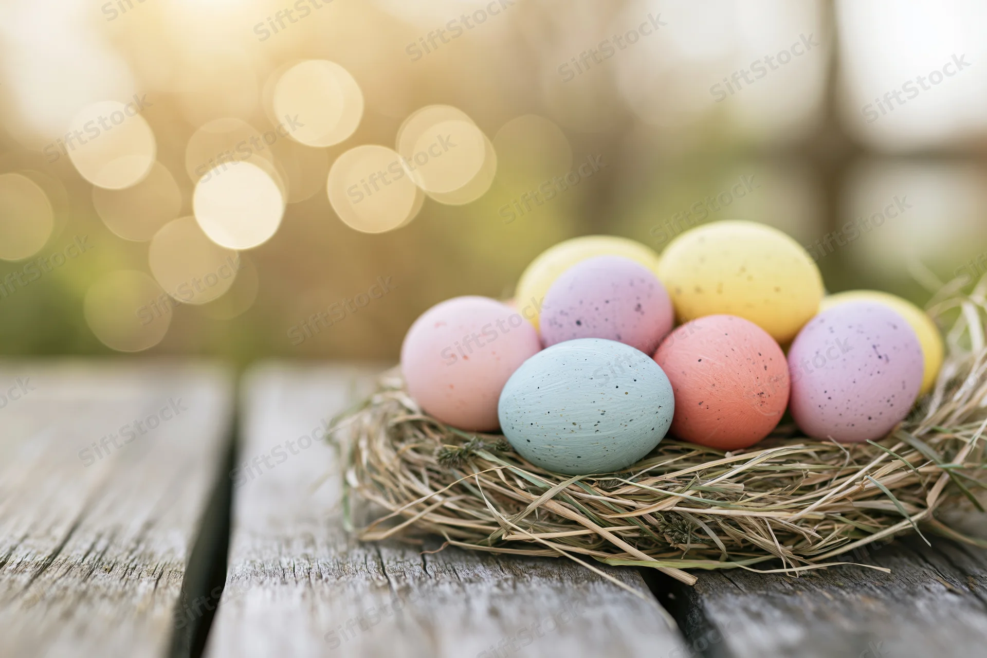 Pastel-painted easter eggs in a straw nest on a wooden table outdoors