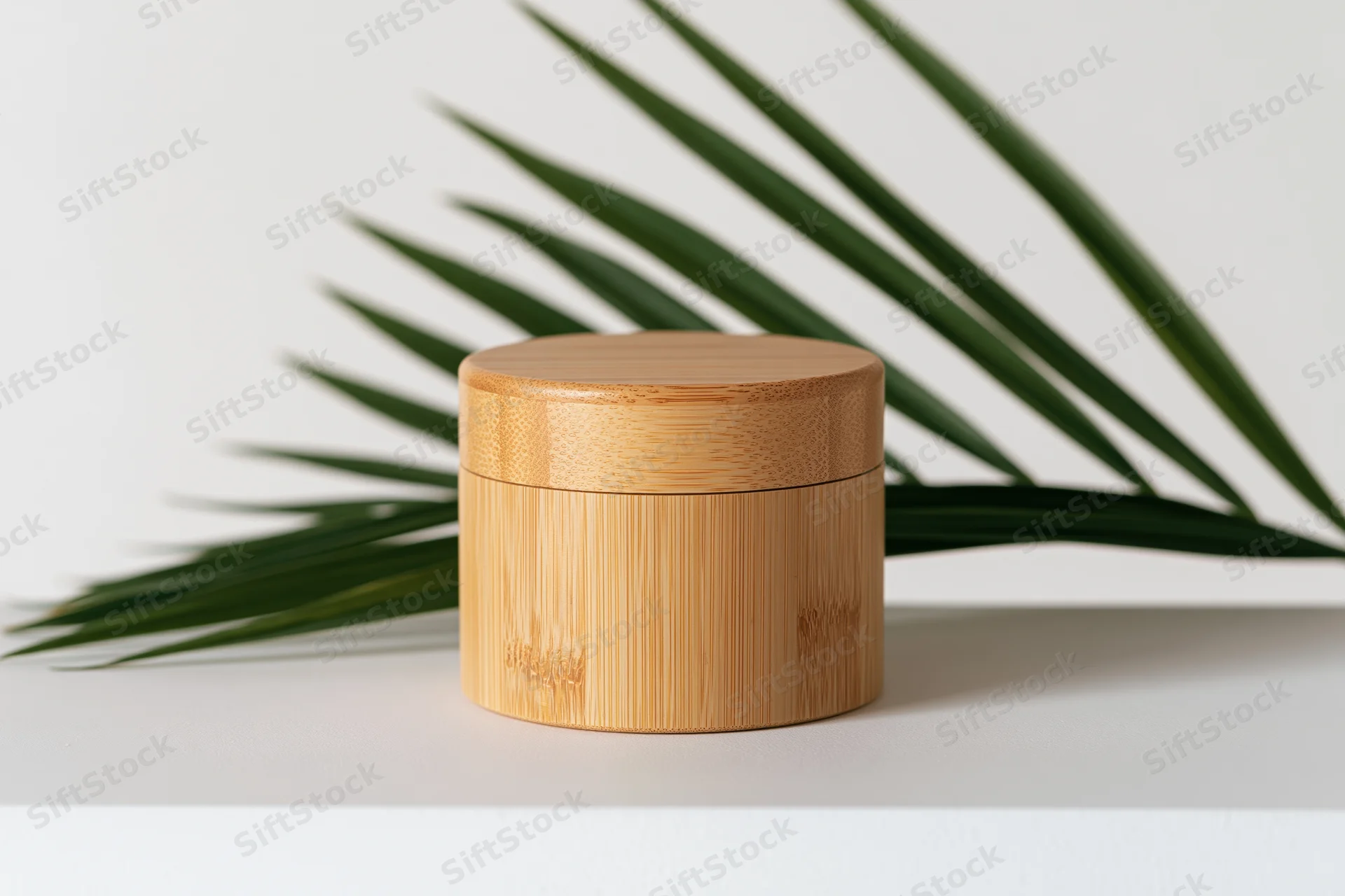 Cylindrical bamboo cosmetic jar with fitted lid on white surface beside green palm leaf
