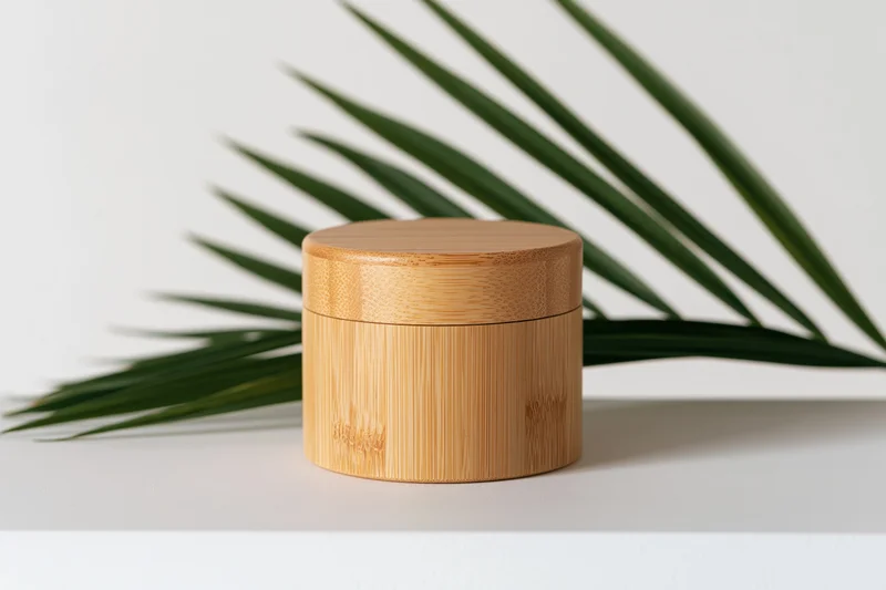 Cylindrical bamboo cosmetic jar with fitted lid on white surface beside green palm leaf