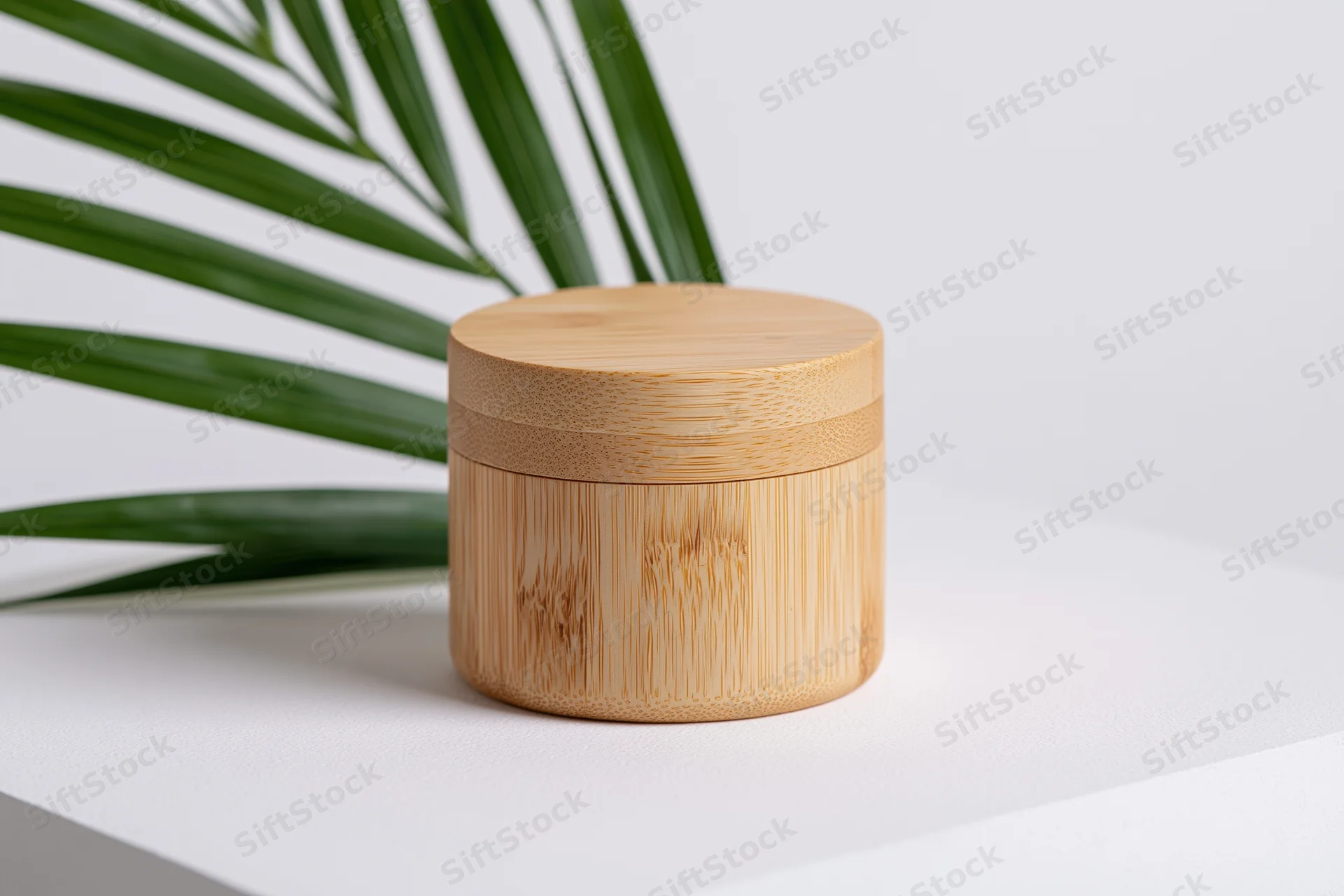Cylindrical bamboo cosmetic jar with fitted lid on white surface beside green palm leaf