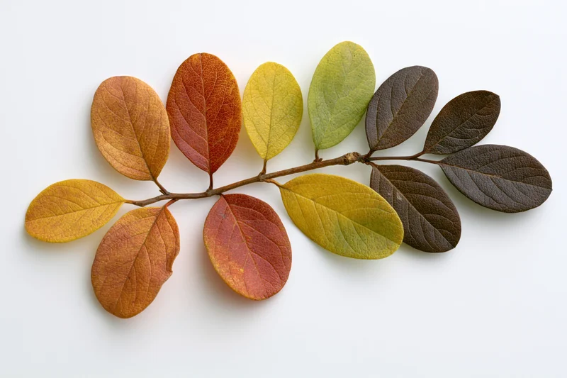 Dried autumn branch with oval leaves in color transition on white background