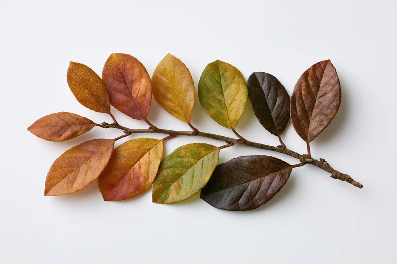 Dried autumn branch with colorful leaves arranged on white surface