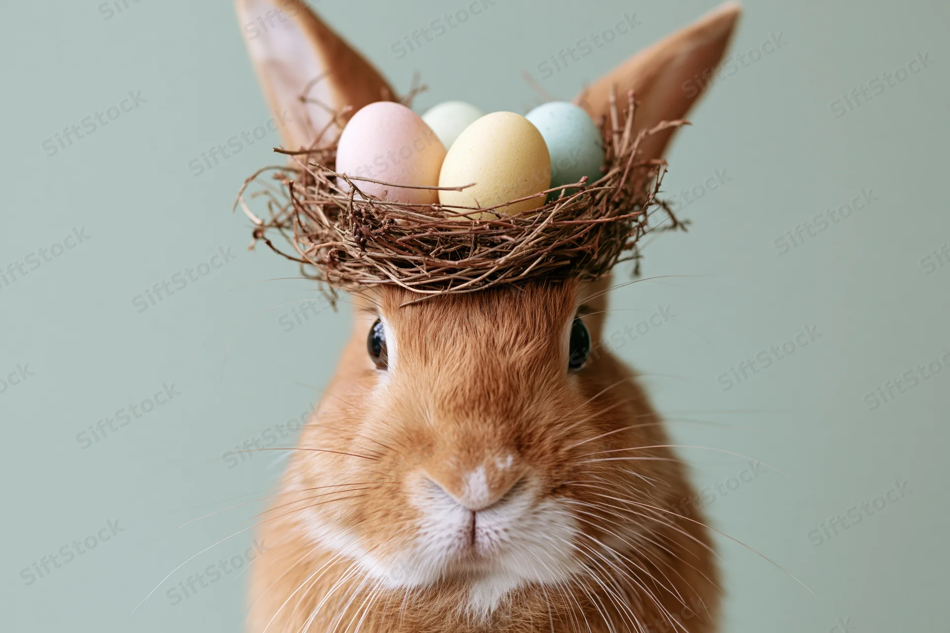 Ginger rabbit wearing twig nest crown with pastel eggs on head against light green background