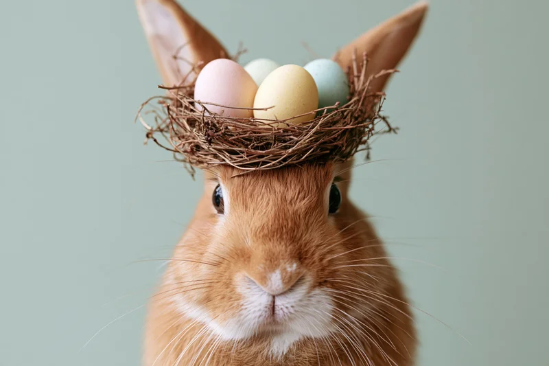 Ginger rabbit wearing twig nest crown with pastel eggs on head against light green background