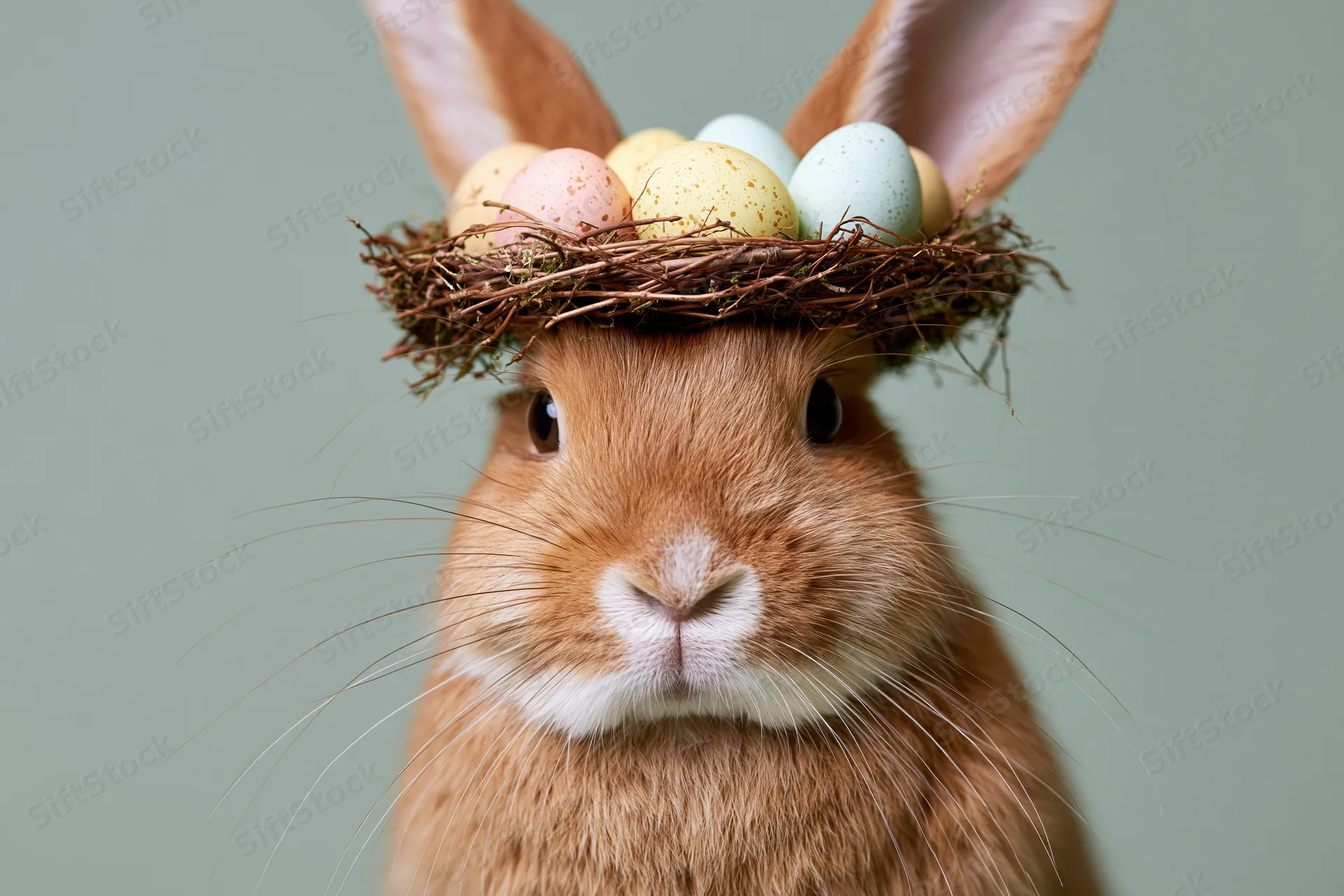 Ginger rabbit wearing a twig nest crown with pastel eggs on its head in studio setting