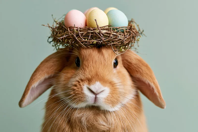Ginger rabbit wearing a twig nest crown with pastel eggs on its head in studio setting
