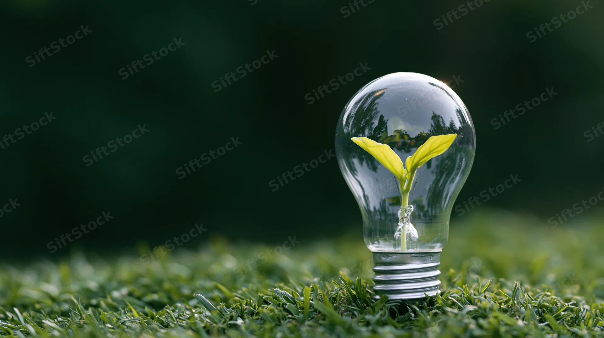 A seedling growing inside a clear glass lightbulb on a grassy field
