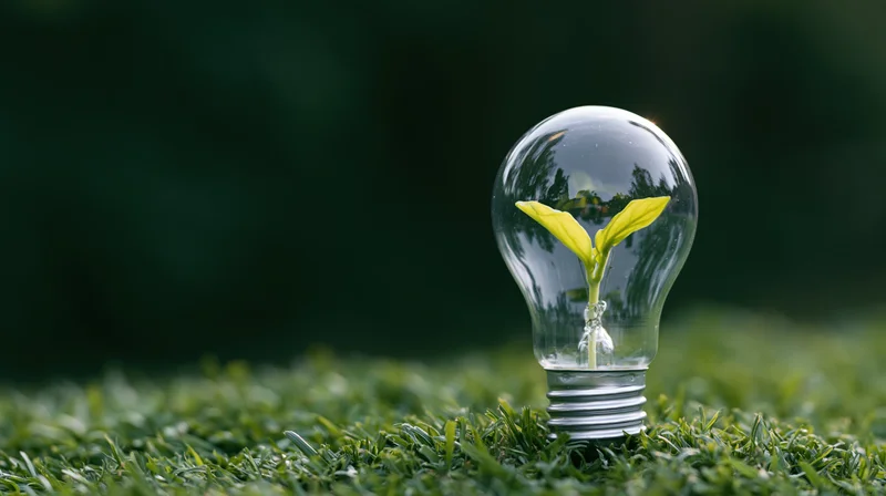 A seedling growing inside a clear glass lightbulb on a grassy field
