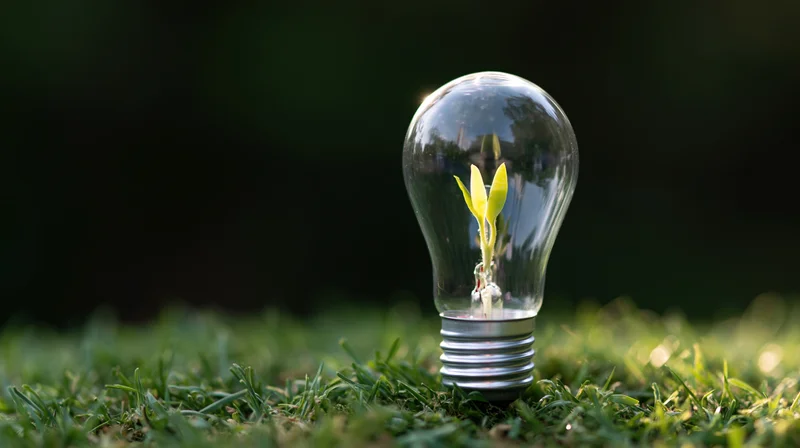 Small green seedling growing inside a clear glass lightbulb on grass
