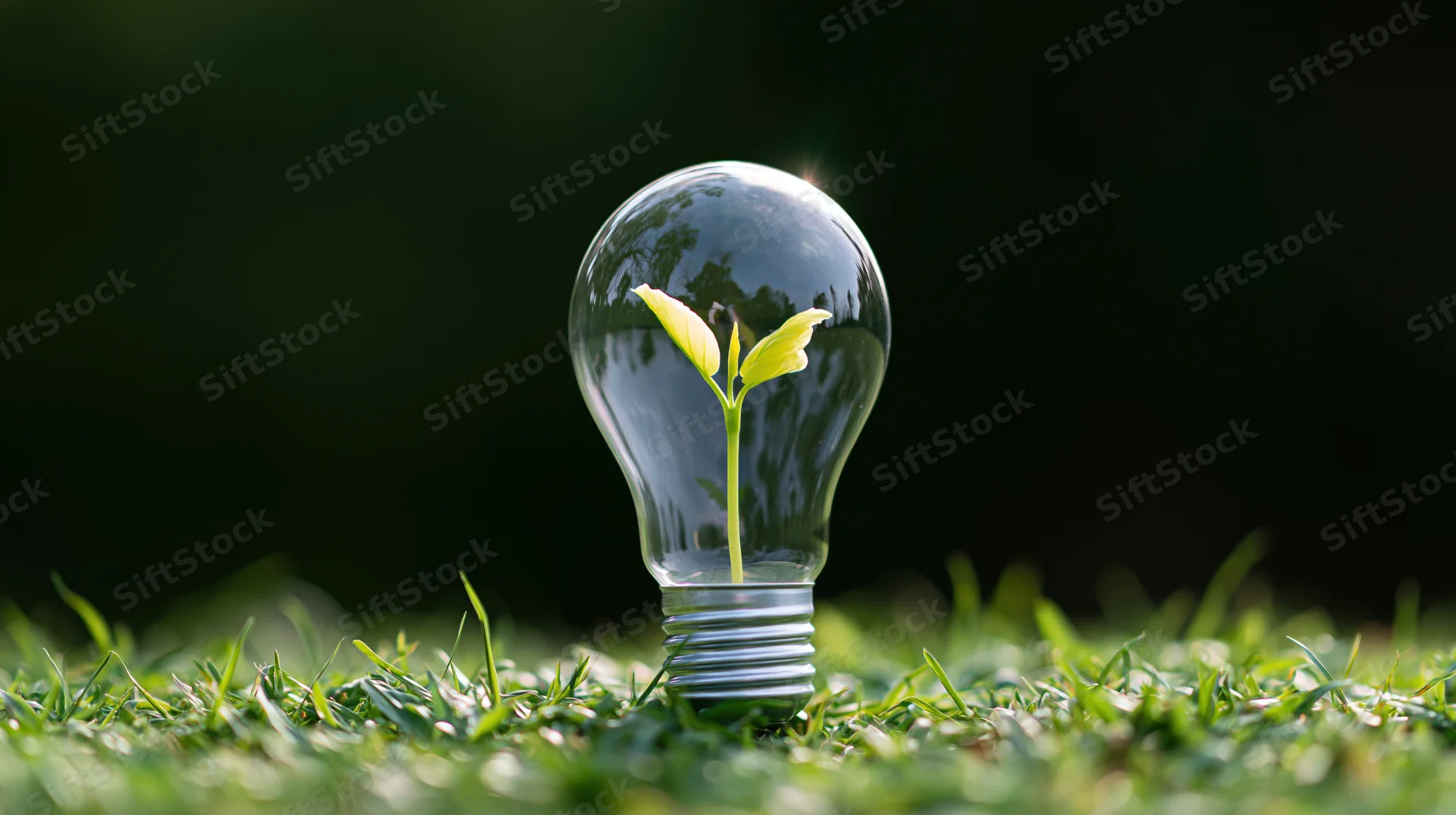 A seedling growing inside a clear glass lightbulb on a grassy field