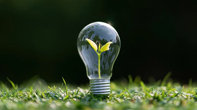 A seedling growing inside a clear glass lightbulb on a grassy field