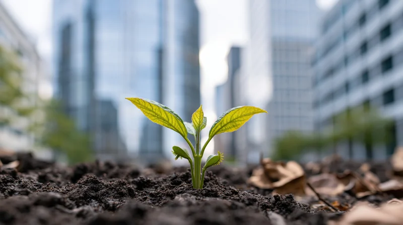 Small green seedling sprouting from dark soil in front of blurred city skyscrapers