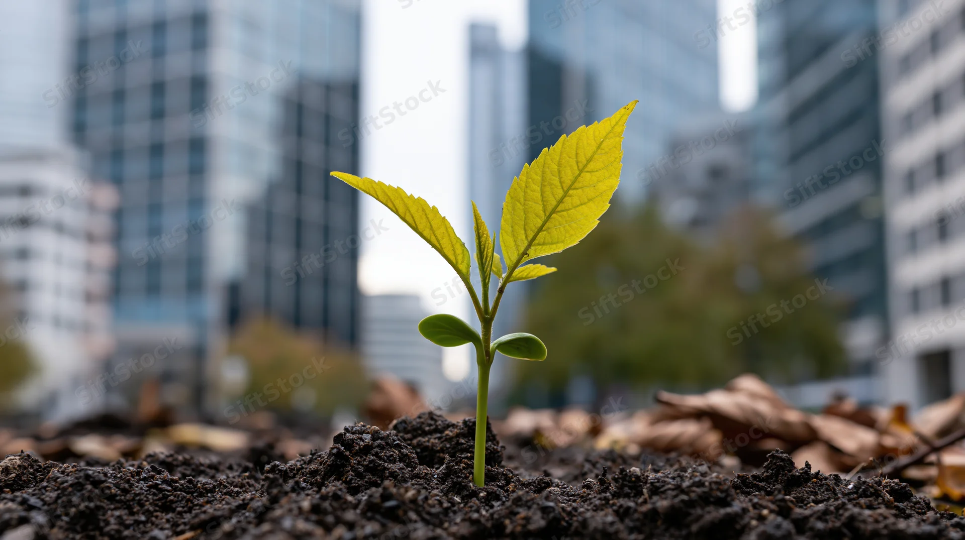 Small green seedling sprouting from dark soil in front of city skyscrapers