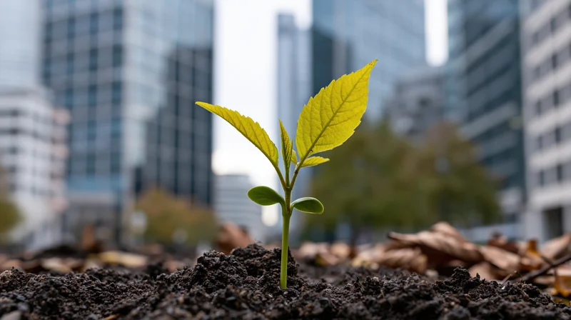 Small green seedling sprouting from dark soil in front of city skyscrapers