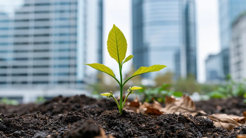 Small green seedling sprouting from dark soil in front of city skyscrapers
