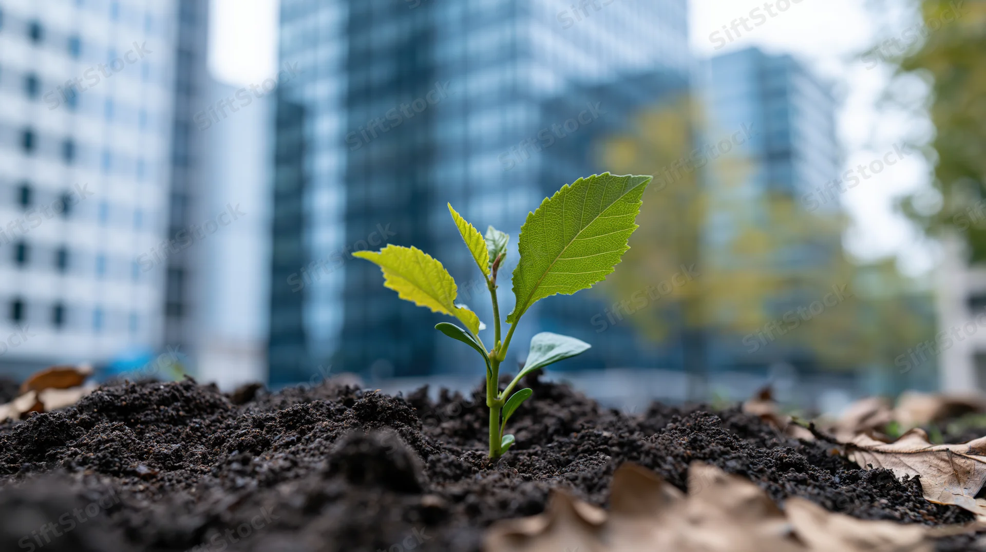 Small green seedling sprouting from dark soil in front of city skyscrapers