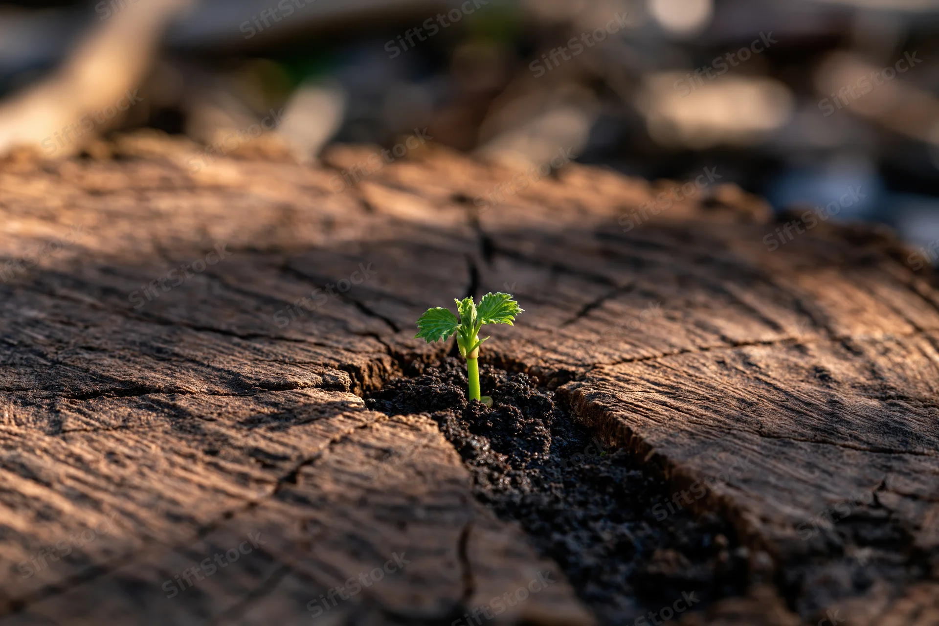 Small green seedling sprouting from cracked center of tree stump outdoors