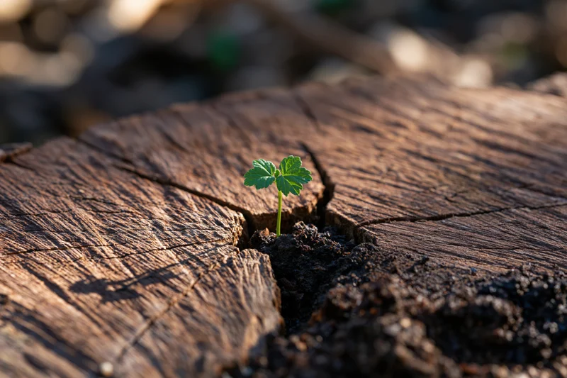 Small green seedling sprouting from crack in weathered tree stump outdoors
