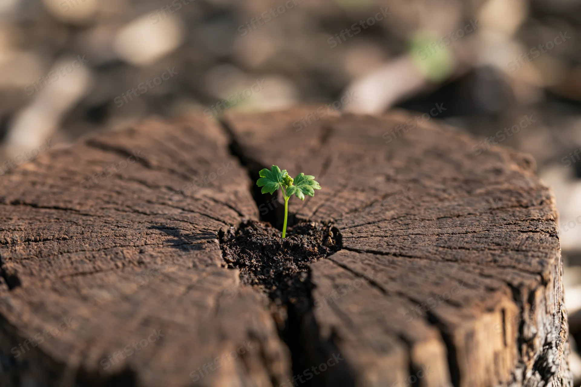 Small green seedling sprouting from cracked center of weathered tree stump in forest floor