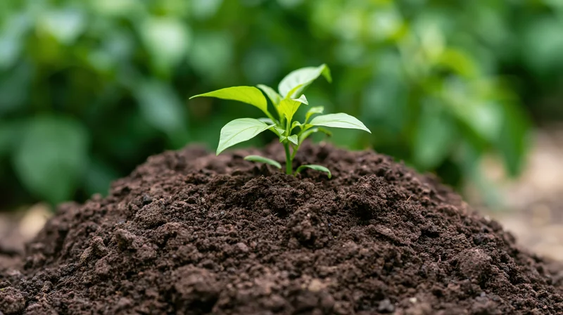 Small green seedling sprouting from a mound of dark soil in a garden setting