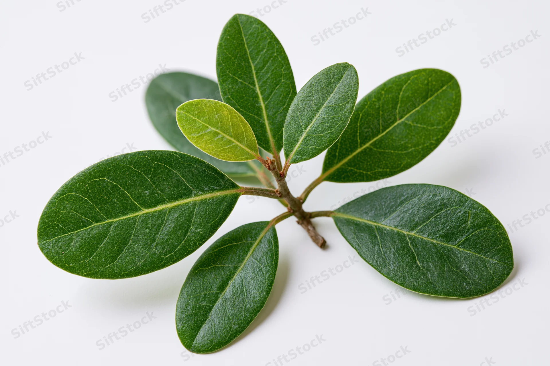 A small leafy branch with seven oval green leaves arranged symmetrically on a white background
