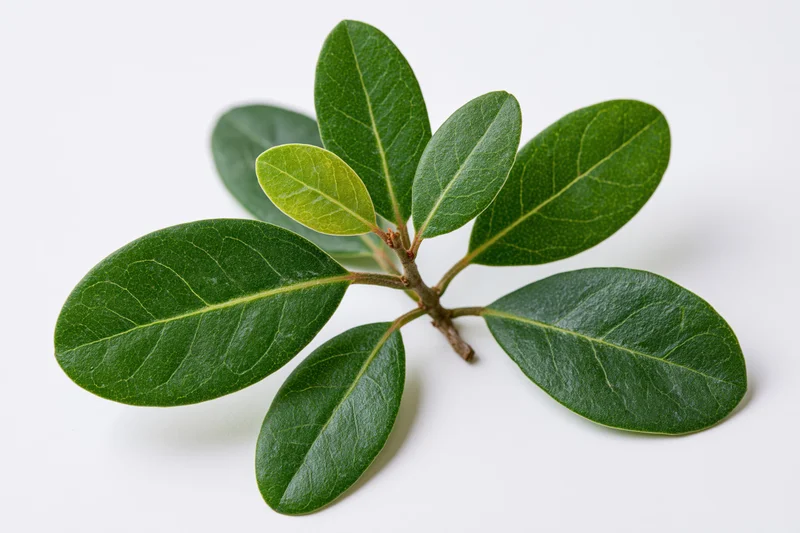 A small leafy branch with seven oval green leaves arranged symmetrically on a white background