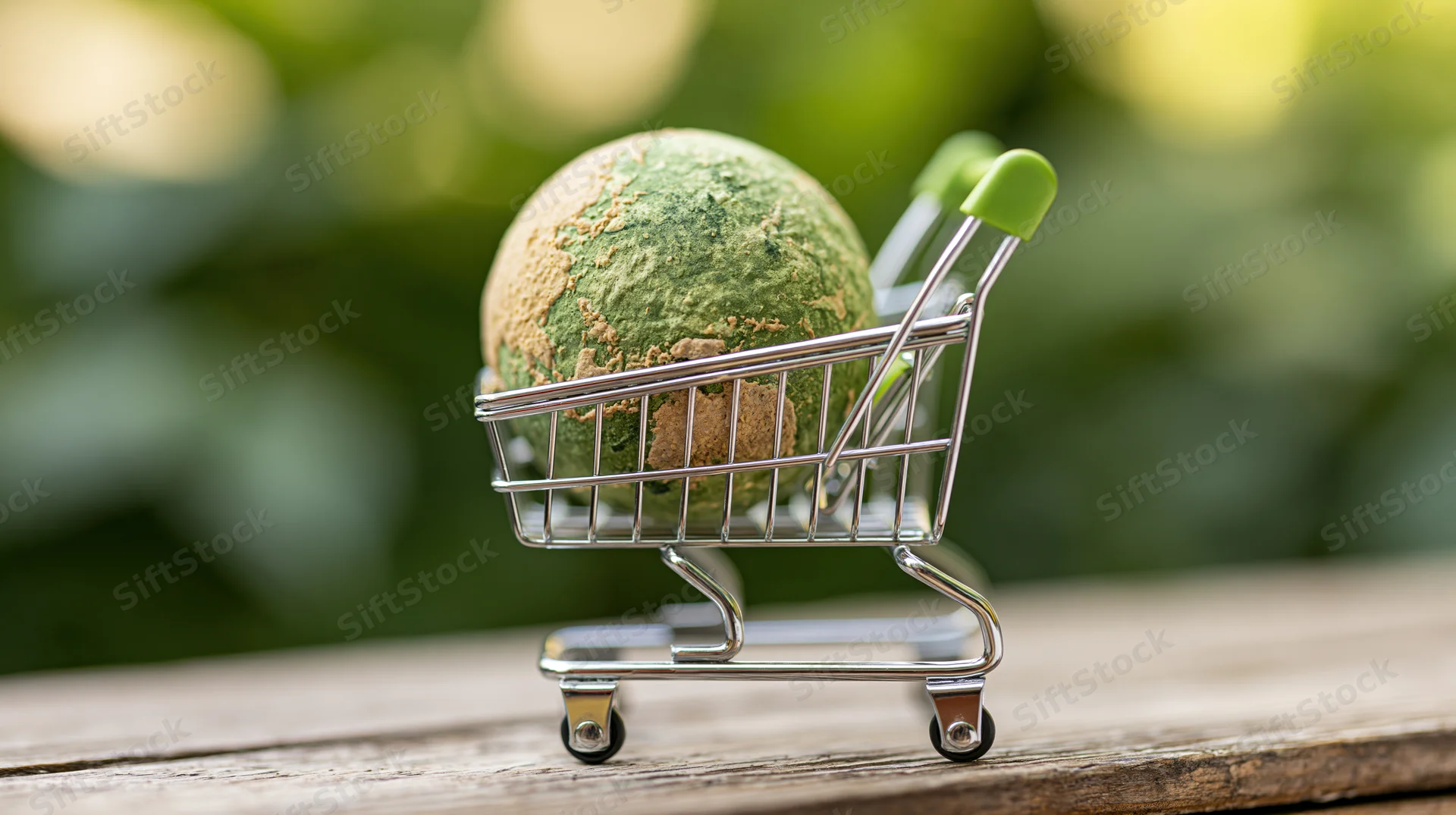 Miniature shopping cart holding a globe on a wooden table outdoors