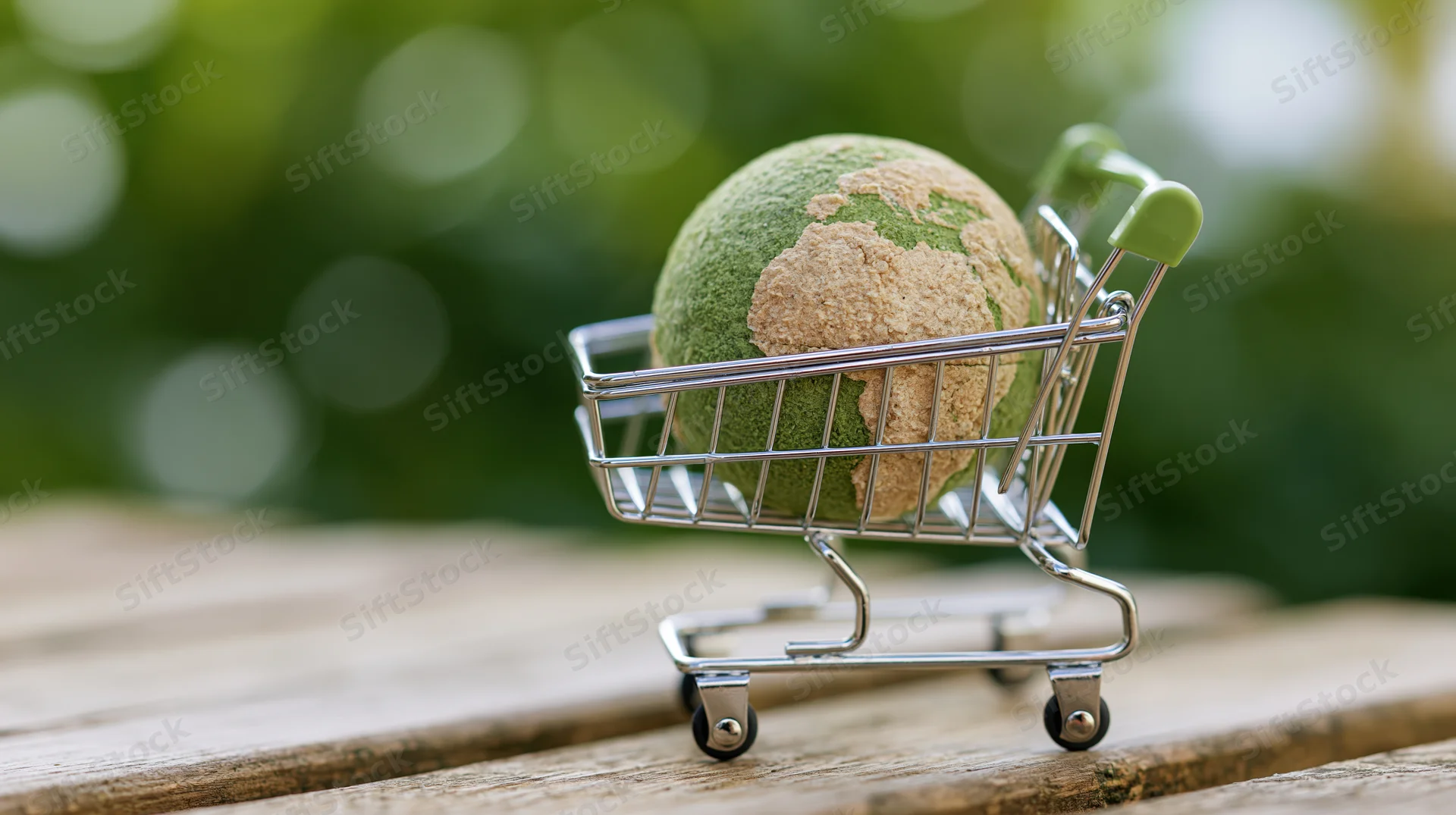Miniature shopping cart holding a green and tan globe on a wooden table outdoors