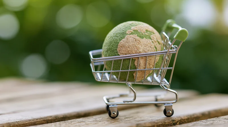 Miniature shopping cart holding a green and tan globe on a wooden table outdoors